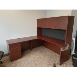 Mahogany Single  Pedestal L Suite Desk with Overhead Storage